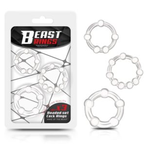 ANELLI BEAST Set di 3 anelli per pene flessibili trasparenti con perline